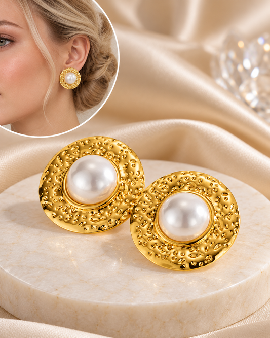 Aretes Dorados Circulares Amartillados Ronda Perla Champagne