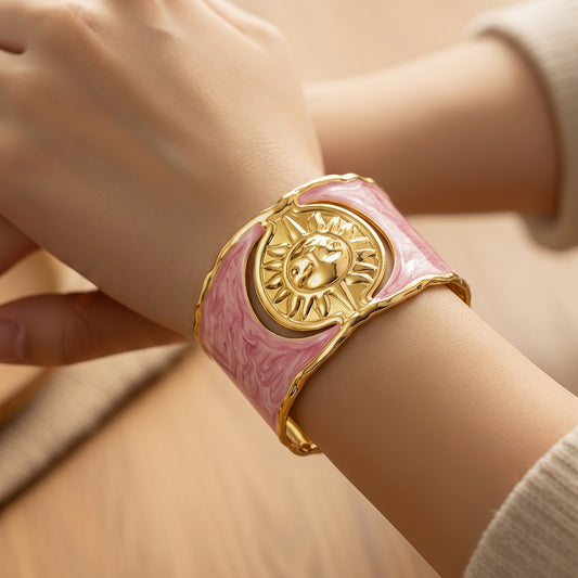 Brazalete Artesal Acero Esmaltado Rosa Patrón Sol