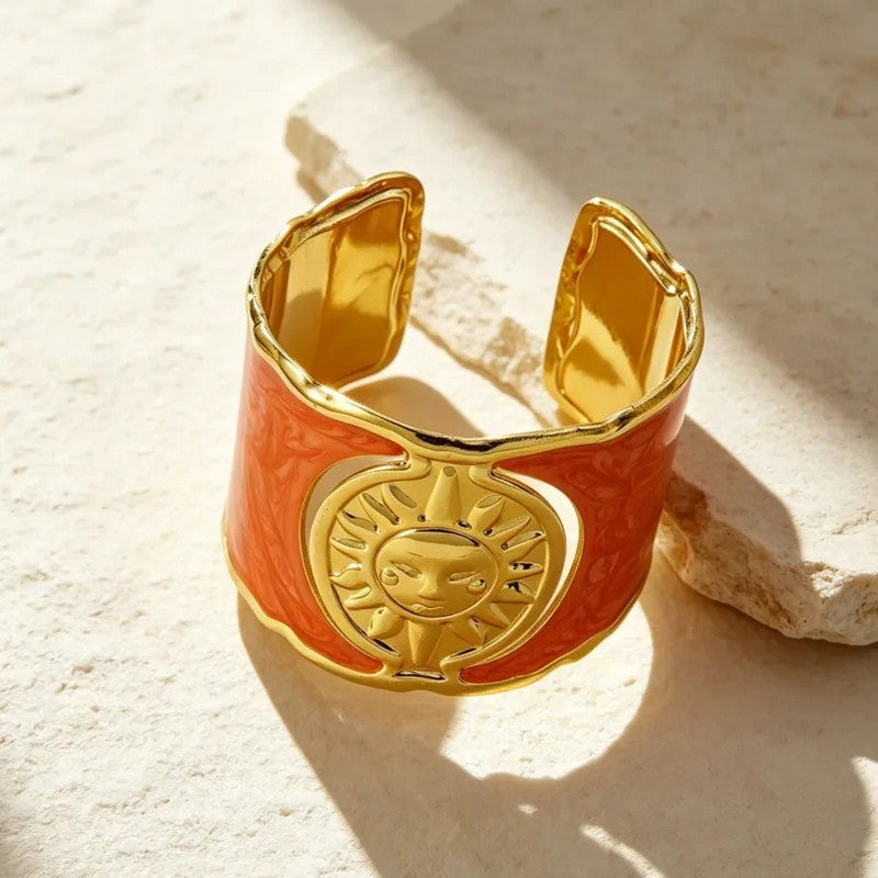 Brazalete Artesal Acero Esmaltado Salmón Patrón Sol