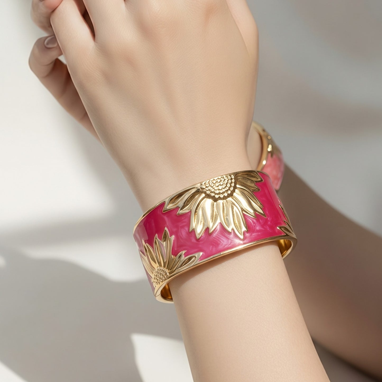Brazalete Artesal Acero Esmaltado Rojo Patrón Girasol