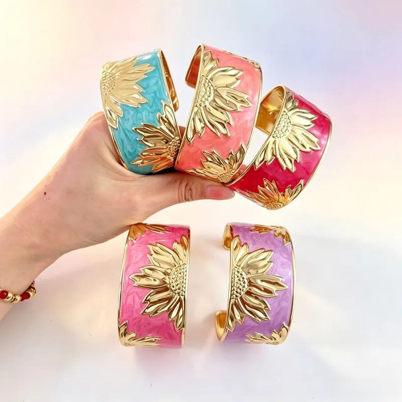 Brazalete Artesal Acero Esmaltado Rojo Patrón Girasol