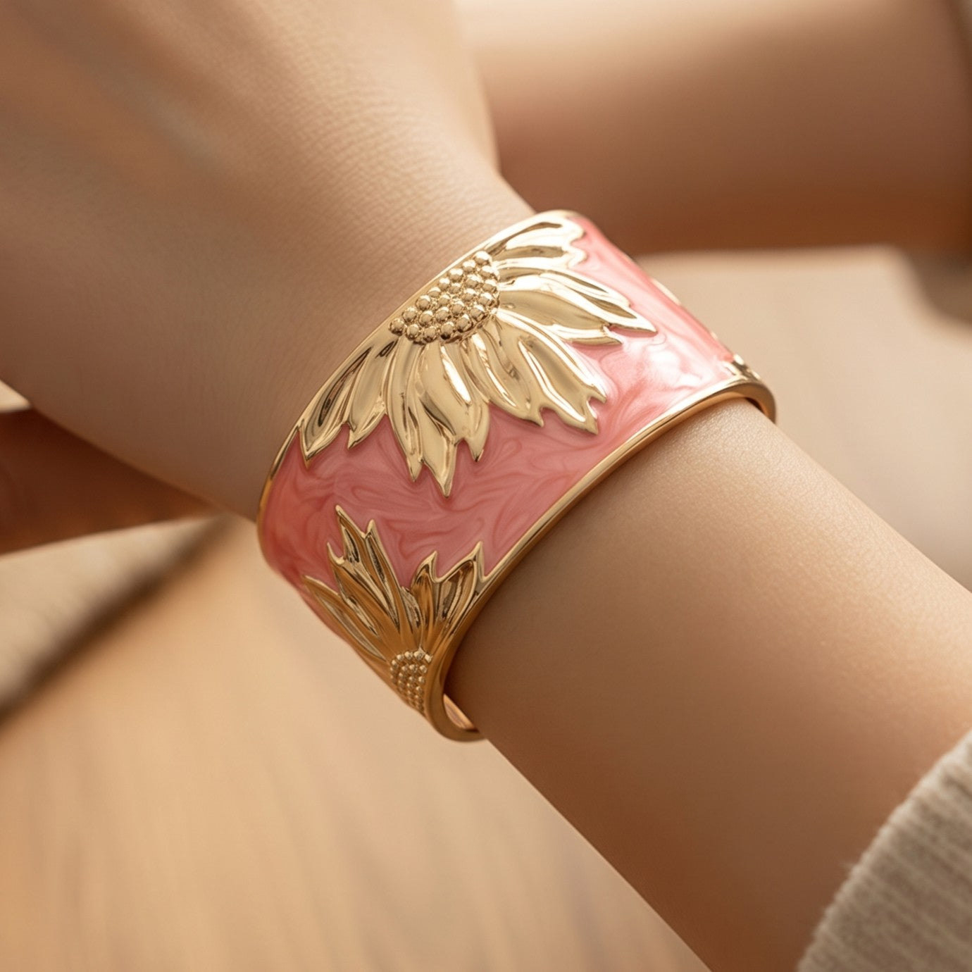 Brazalete Artesal Acero Esmaltado Salmón Patrón Girasol
