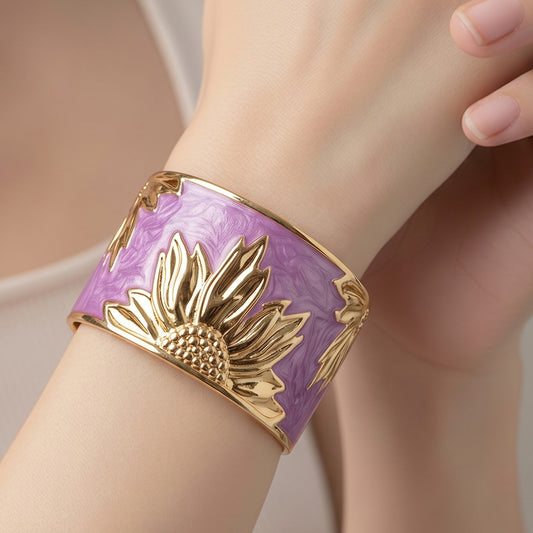 Brazalete Artesal Acero Esmaltado Morado Patrón Girasol