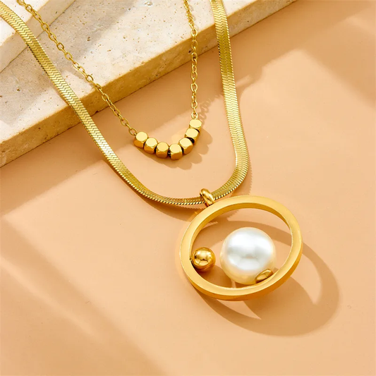 Collar Dorado Doble Cubos y Perla