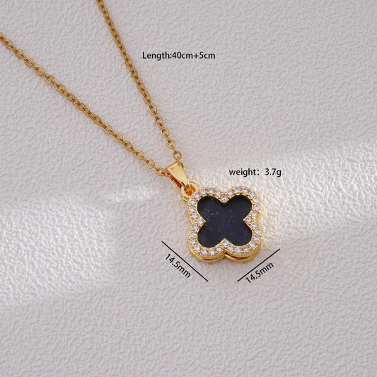 Collar Doble Trébol Móvil Cuatro Hojas Negro Dorado y Trébol Piedras Diamante
