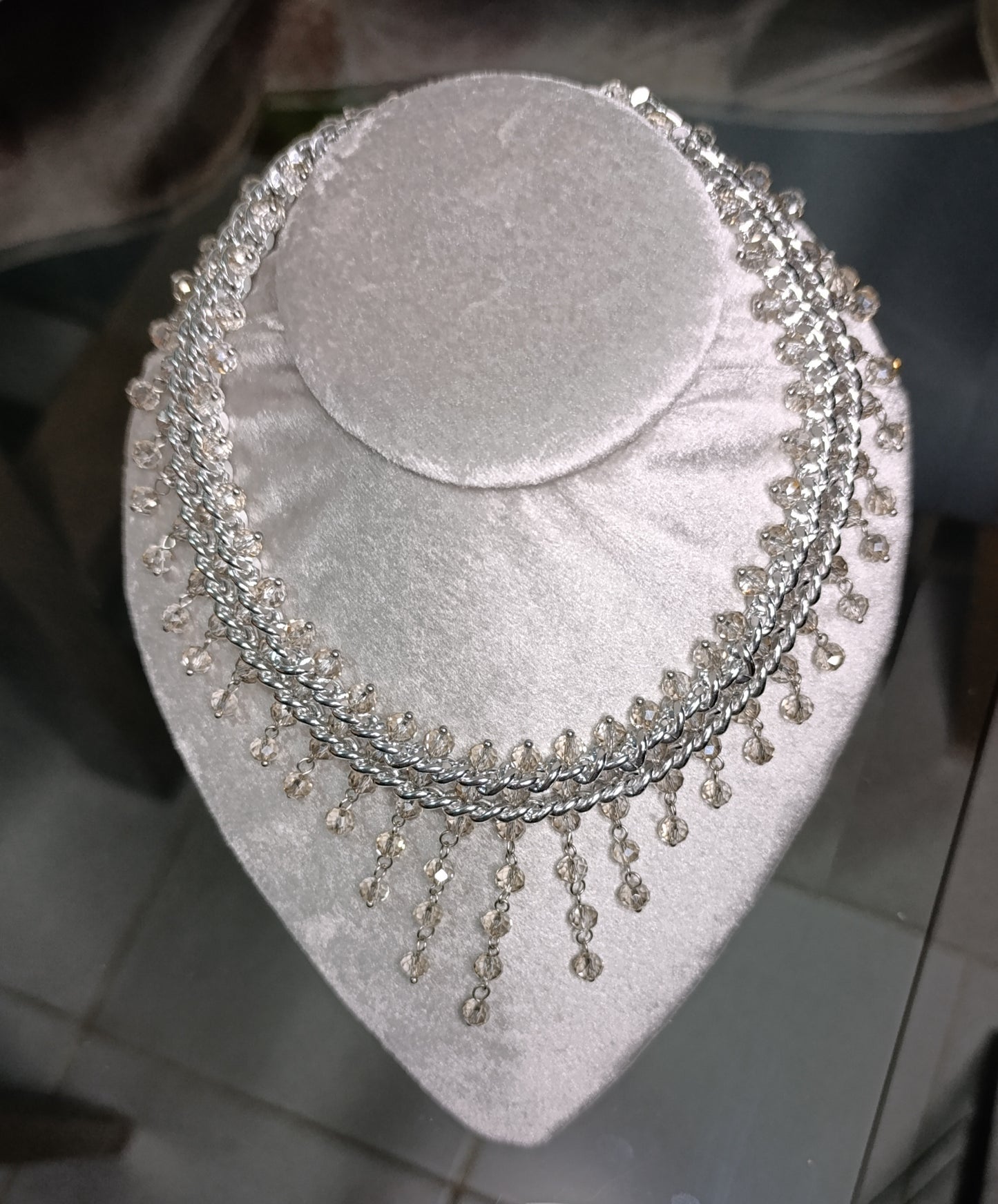 Collar Doble Plateado Cadena con Cristales
