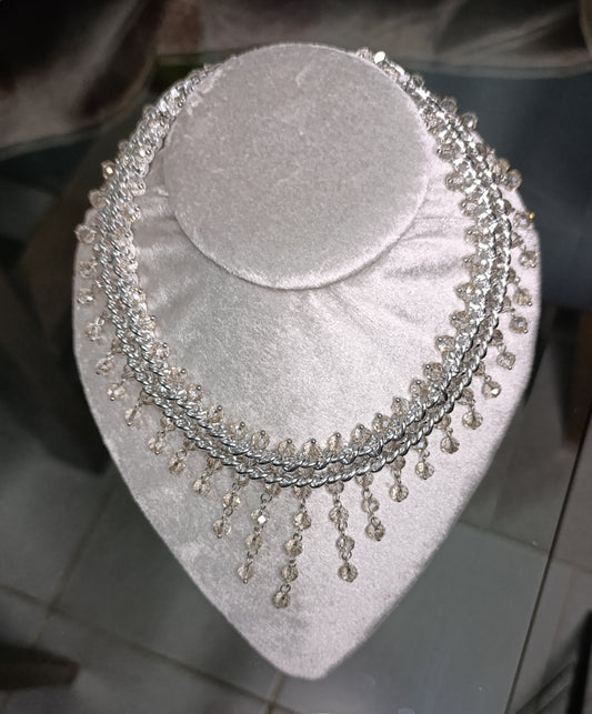 Collar Doble Plateado Cadena con Cristales