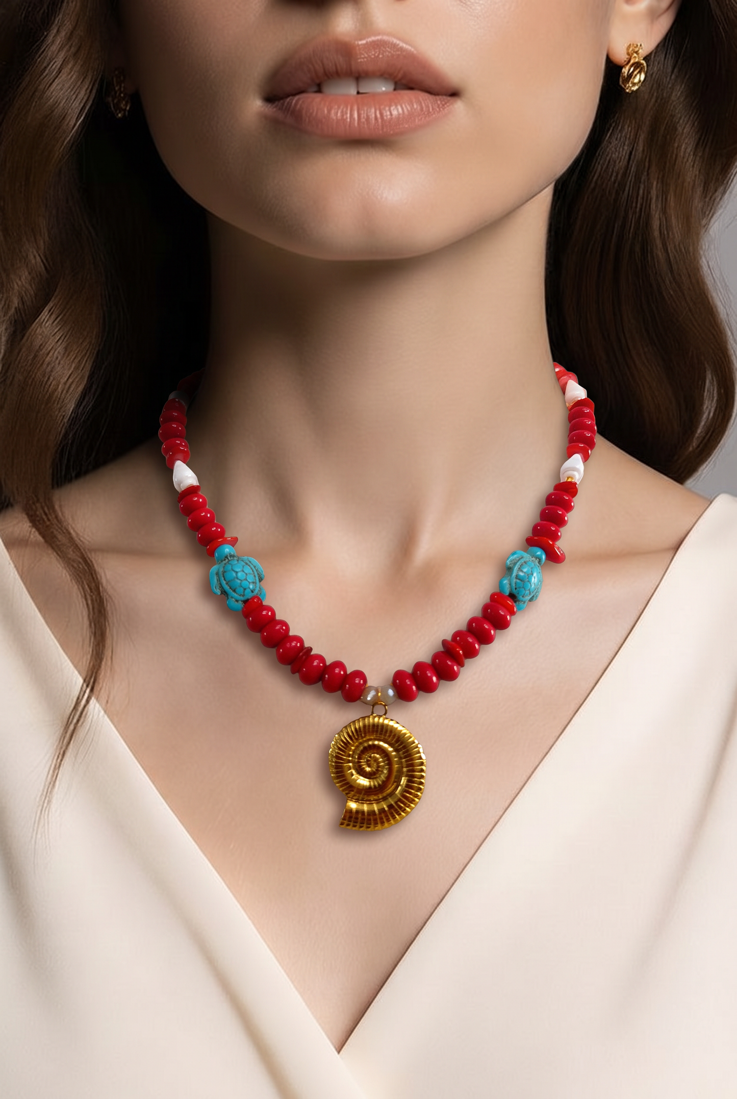 Collar Cuencas Rojas, Caracoles, Tortugas y Dije Caracol