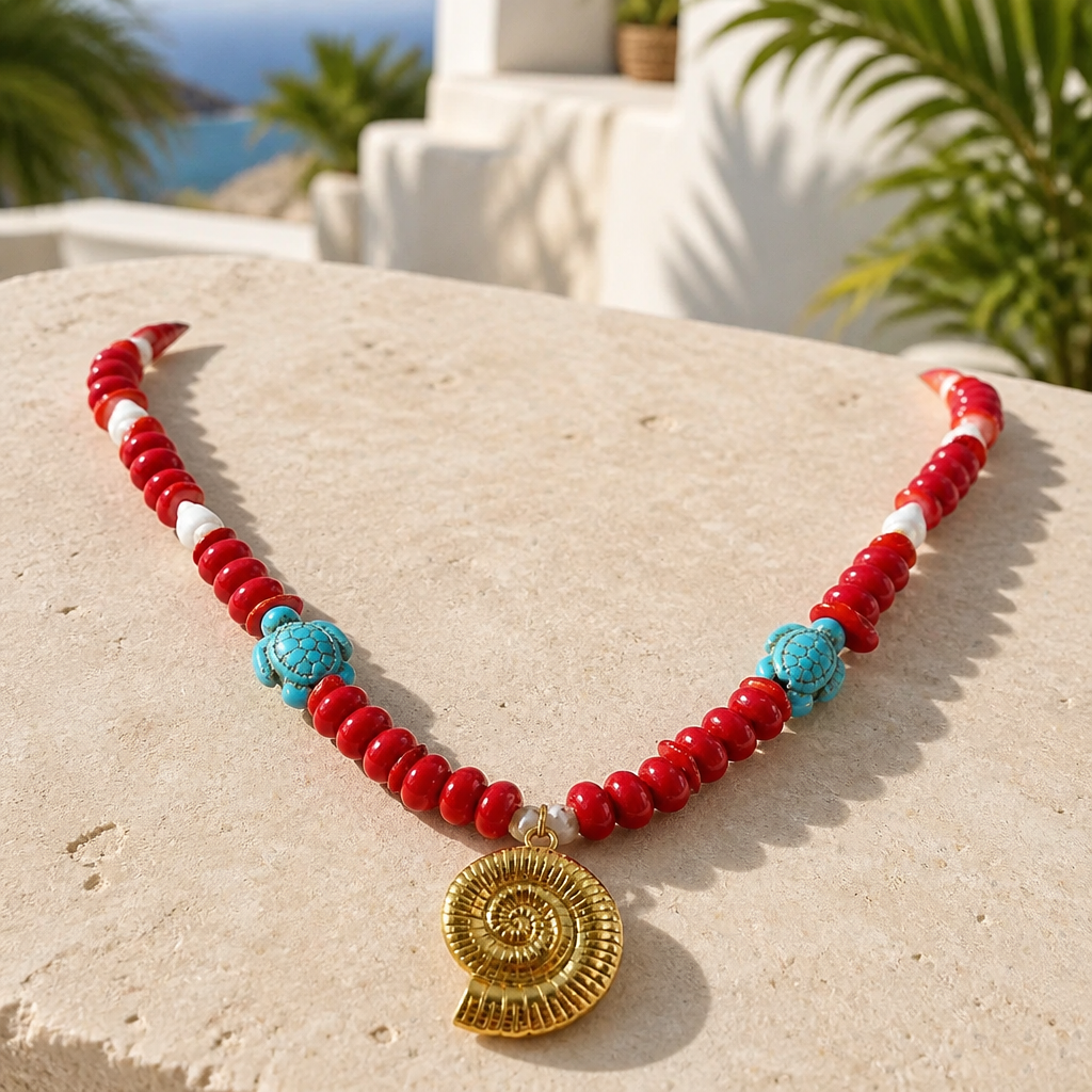 Collar Cuencas Rojas, Caracoles, Tortugas y Dije Caracol