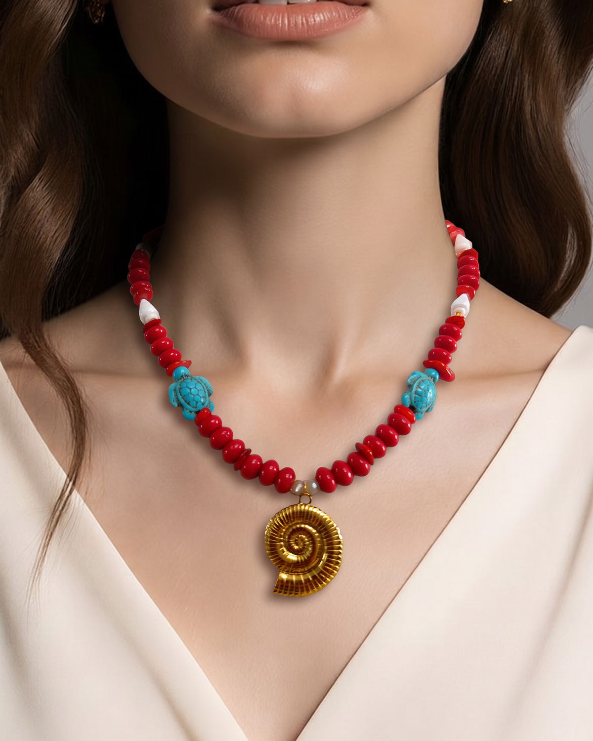 Collar Cuencas Rojas, Caracoles, Tortugas y Dije Caracol