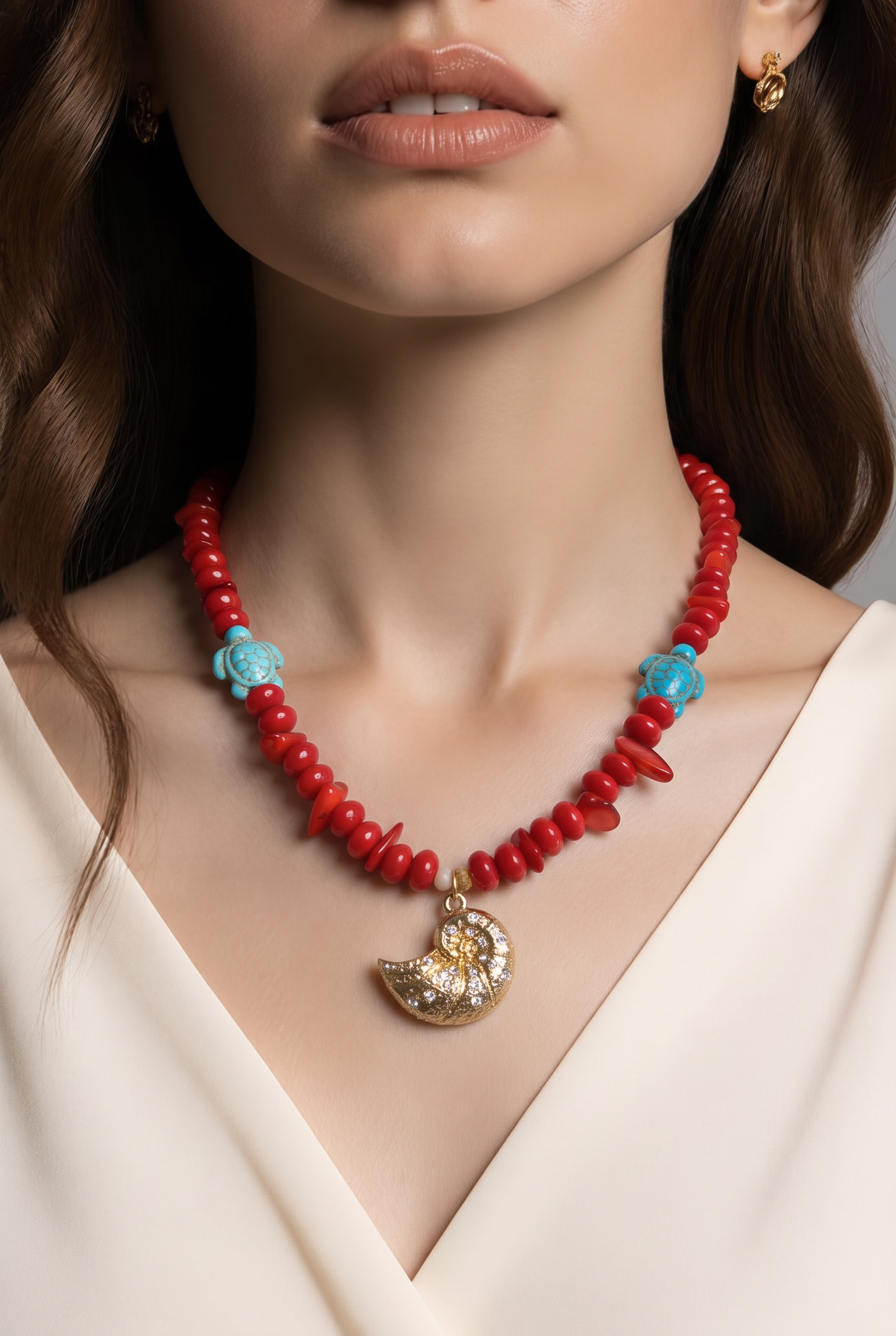 Collar Cuencas Rojas, Tortugas y Dije Caracola