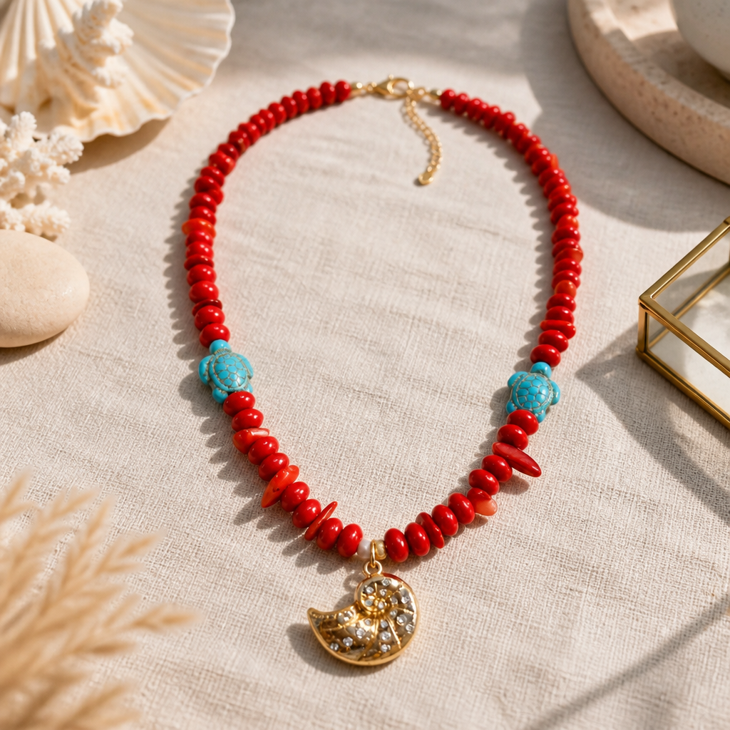 Collar Cuencas Rojas, Tortugas y Dije Caracola