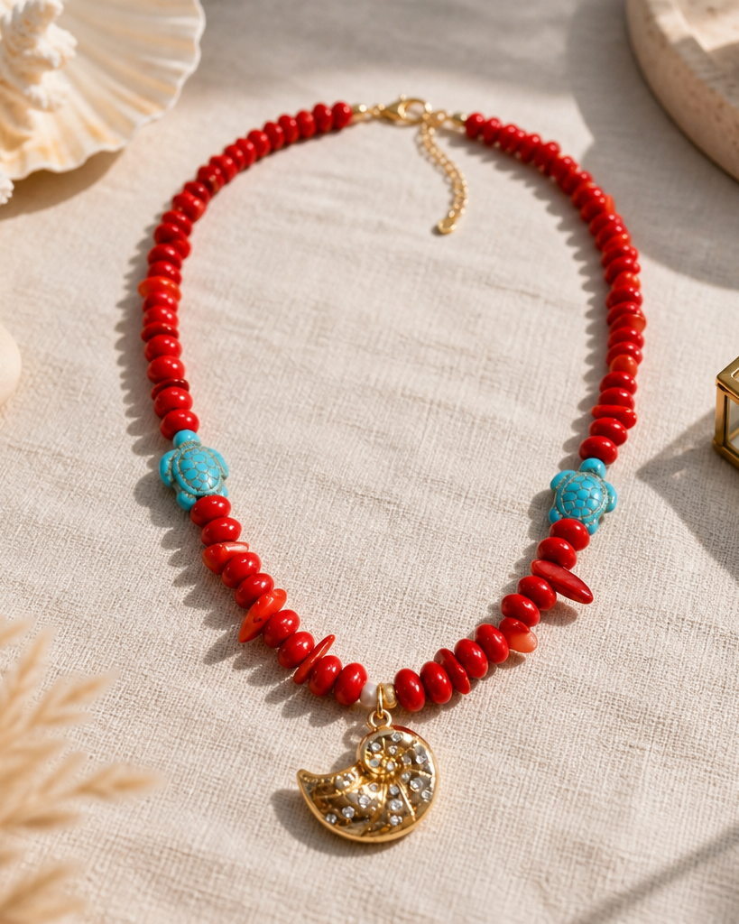 Collar Cuencas Rojas, Tortugas y Dije Caracola