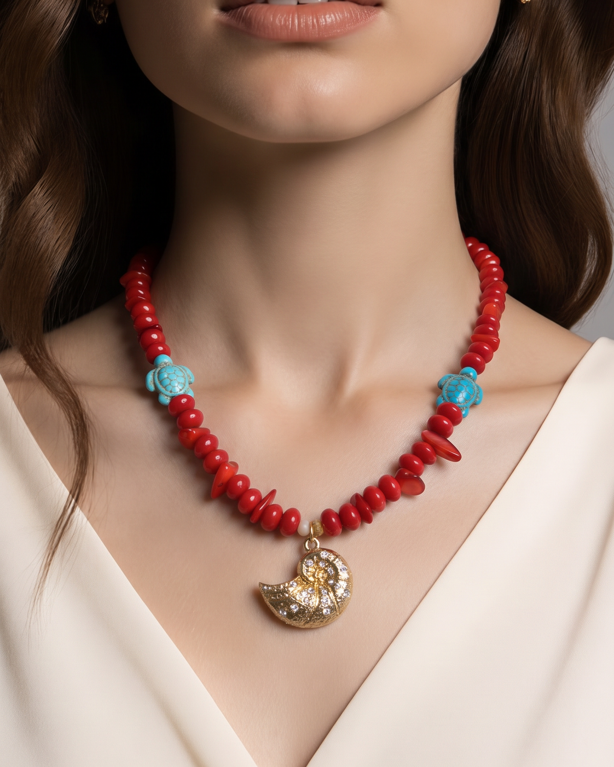 Collar Cuencas Rojas, Tortugas y Dije Caracola