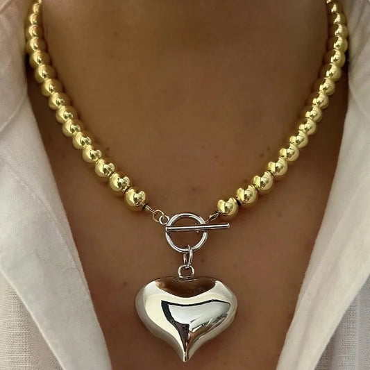Collar Dorado Perlas Dije Corazón Plateado