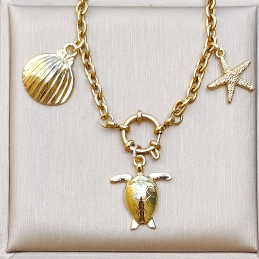 Collar Cadena Dorada Dijes Tortuga, Estrella Mar y Concha