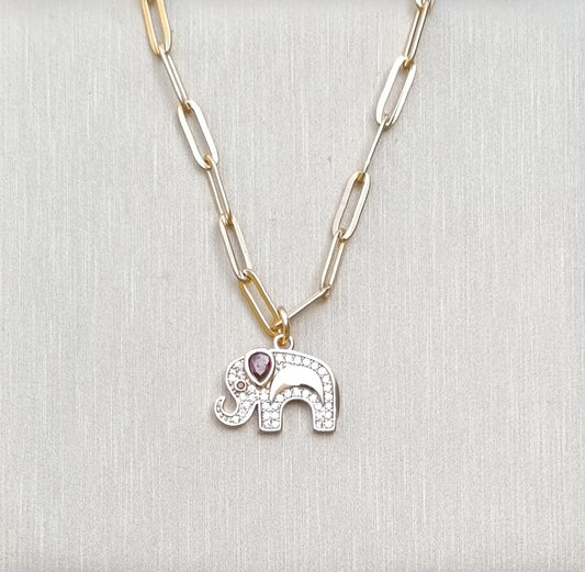 Collar Cadena Dorada Clip Dije Elefante Circón