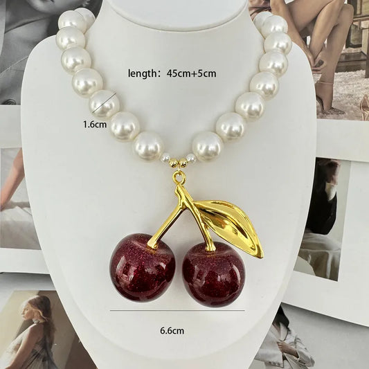 Collar Perlas Blancas Dije Cerezas Rojas