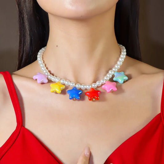 Collar Cuencas Perlas Dijes Estrellas Colores