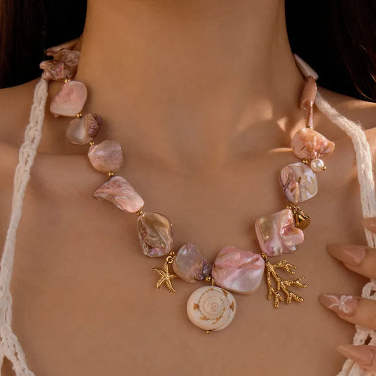 Collar Cuencas Lajas Tonos Rosas Dijes Marinos