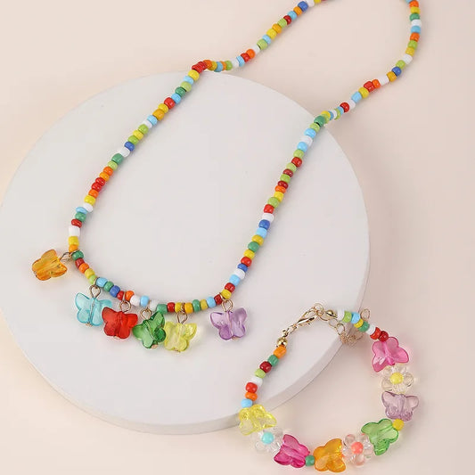 Collar y Pulsera Cuencas Multicolor Dije Mariposas