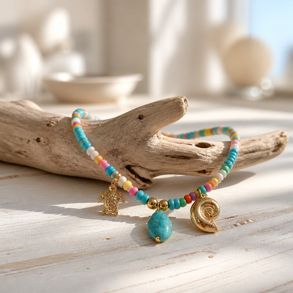 Collar Cuencas Multicolores Dijes Piedra, Tortuga y Caracol