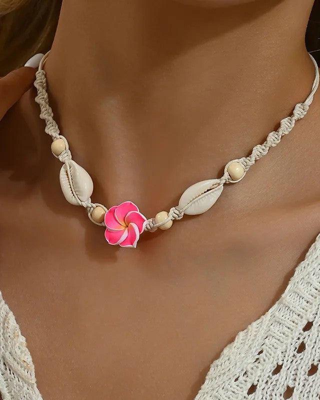 Collar Cordón, Concha y Flor Rosa