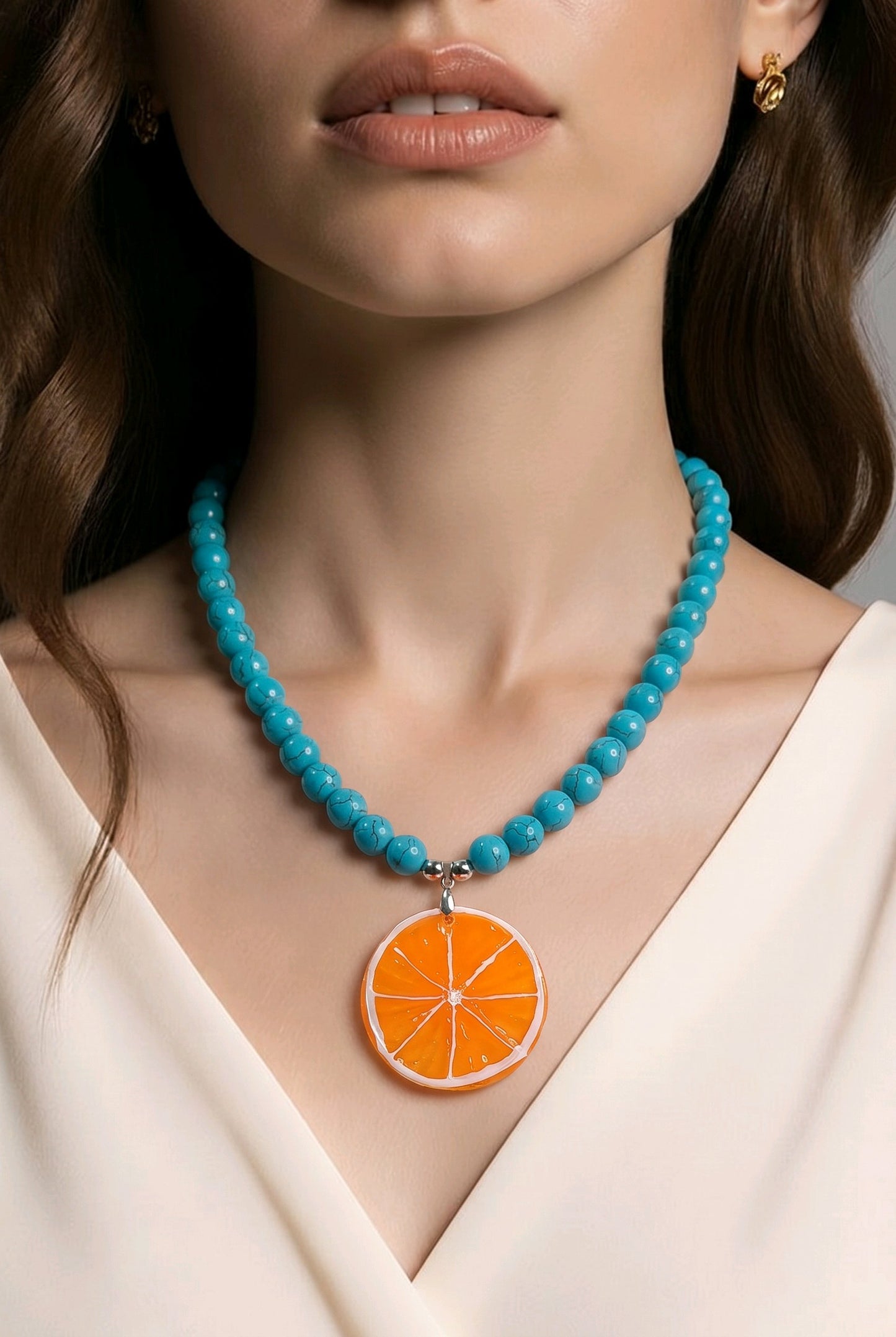 Collar Cuencas Turquesa Dije Naranja