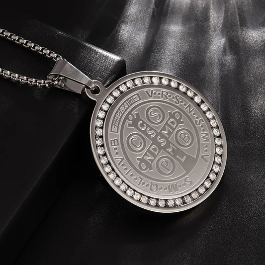 Collar Cadena Plateada Dije Medalla Grande Doble Vista San Benito