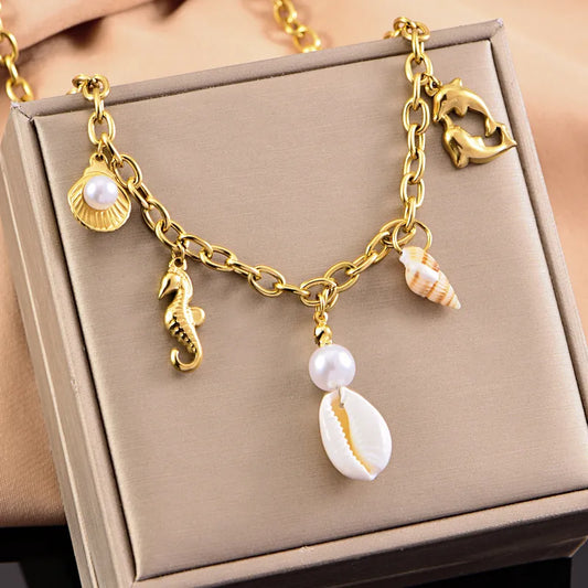 Collar Cadenas Eslabones Dijes Marinos