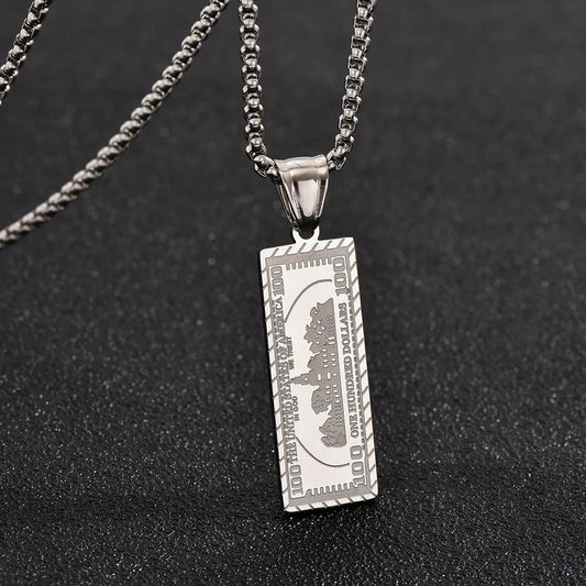 Collar Cadena Plateada Dije 100 Dólares Doble Vista