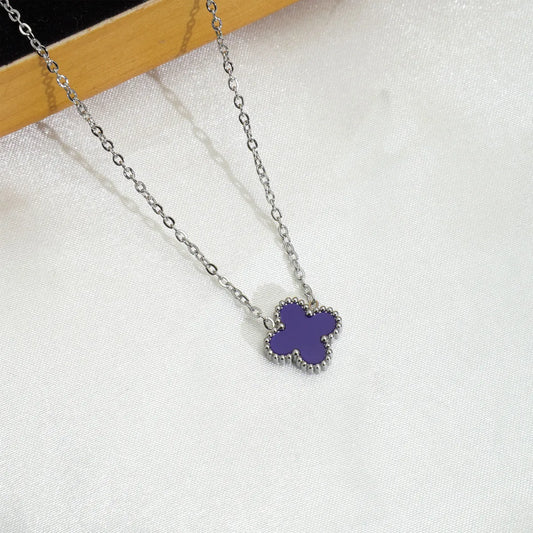 Collar Cadena Plateado Dije Trébol 4 Hojas Madre Perla Azul Rey