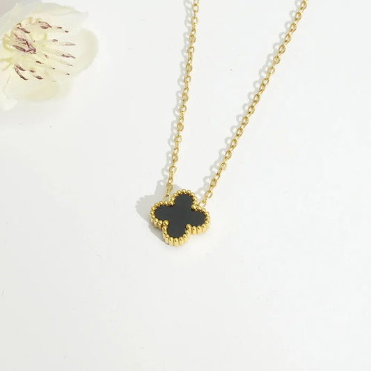 Collar Cadena Dorada Dije Trébol 4 Hojas Madre Perla Negra