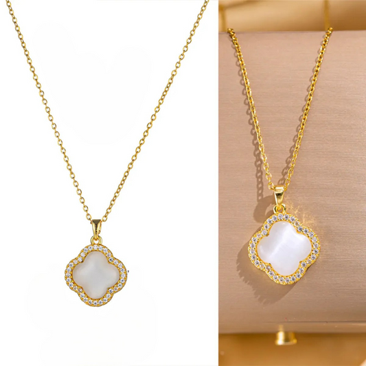 Collar Cadena Dorada Dije Trébol 4 Hojas Blanca Circón