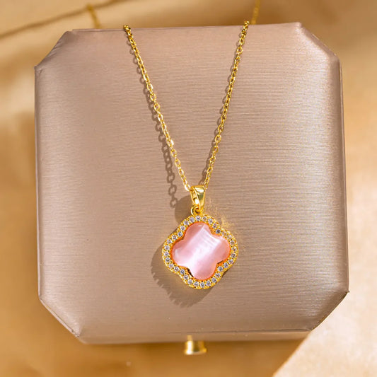 Collar Cadena Dorada Dije Trébol 4 Hojas Rosa Circón