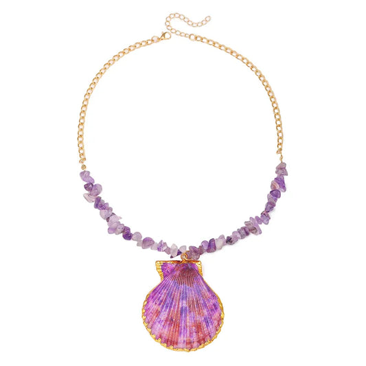 Collar Cadena Dorada y Lajas Púrpura Dije Concha Mar
