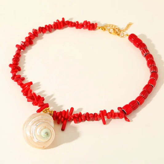 Collar Cilindros y Lajas Rojas Dije Caracol