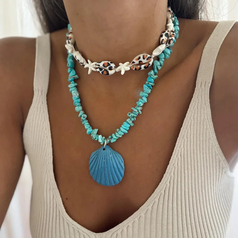 Collar Doble Lajas Azules y Conchas Dije Concha Azul