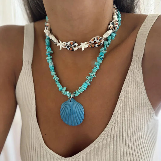Collar Doble Lajas Azules y Conchas Dije Concha Azul