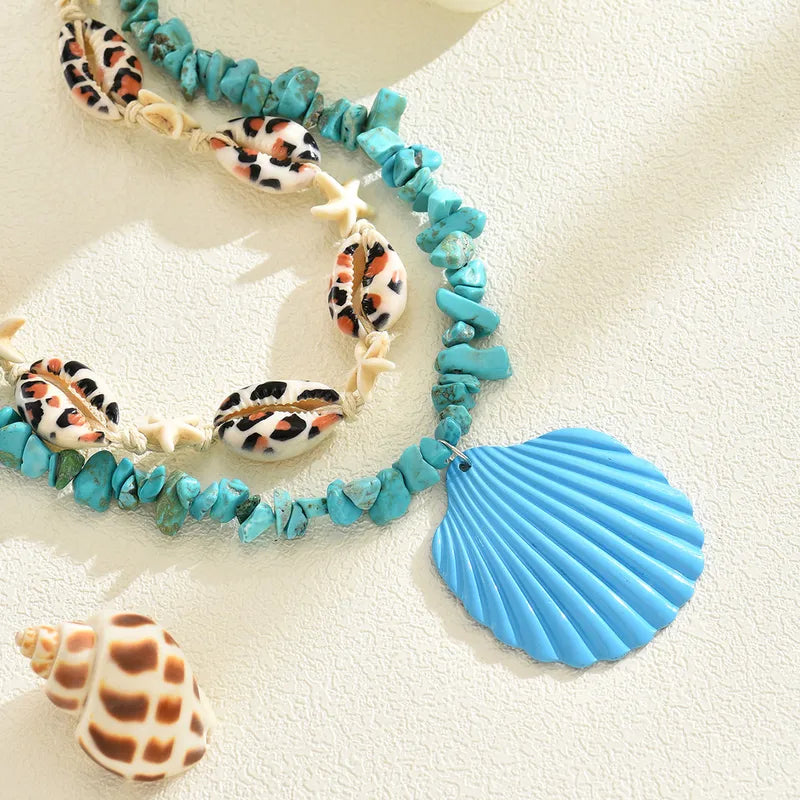 Collar Doble Lajas Azules y Conchas Dije Concha Azul