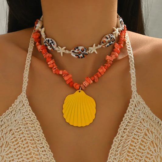 Collar Doble Lajas Naranjas y Conchas Dije Concha Amarilla