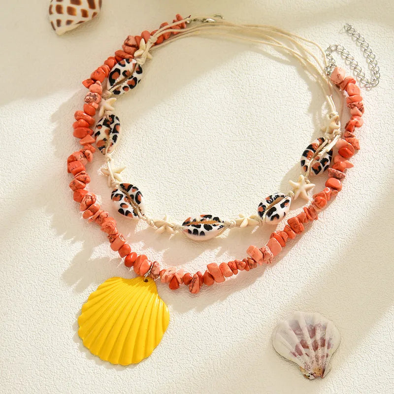 Collar Doble Lajas Naranjas y Conchas Dije Concha Amarilla