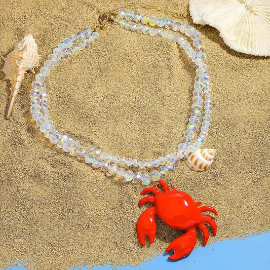 Collar Cuencas Cristal Blanco Dije Cangrejo Rojo