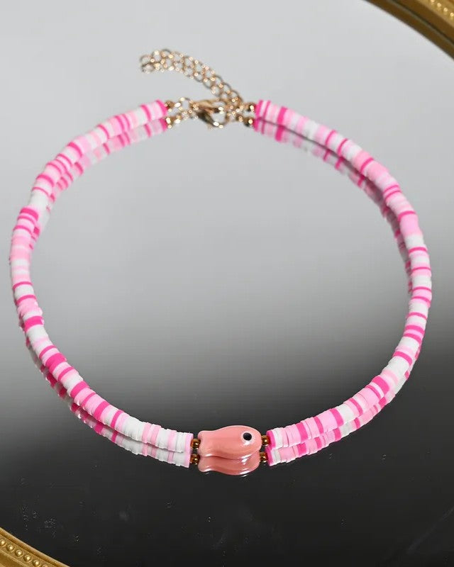 Collar Cuencas Rosas y Blancas con Pez