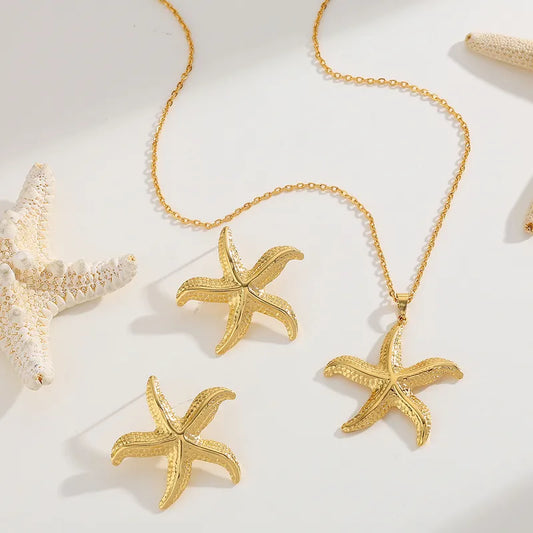 Collar Cadena Dorada Dije Estrella Mar y Aretes