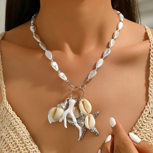 Collar Cuencas Perlas Blancas Dijes Marinos