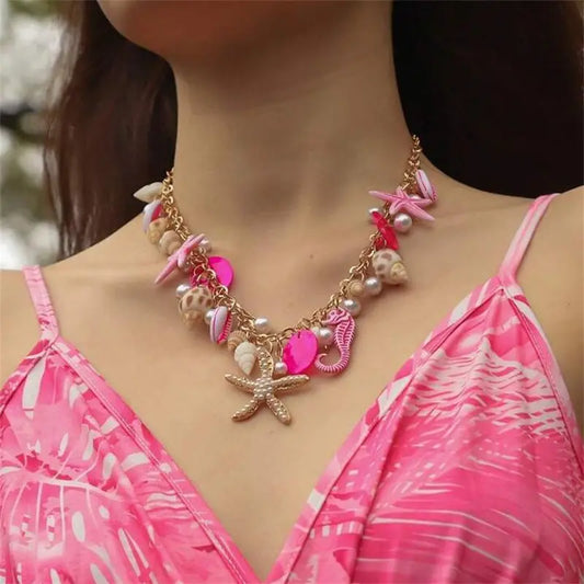 Collar Cadena Dorada Dijes Varios Marinos Tonos Rosa