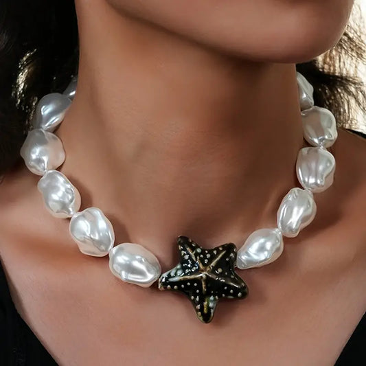 Collar Boho Cuencas Perlas Blancas Dije Estrella de Mar