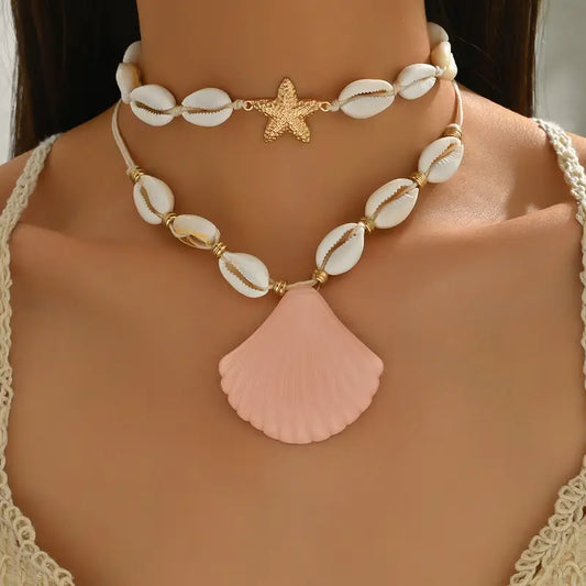Collar Doble Conchas Dijes Estrella Mar y Concha Rosada