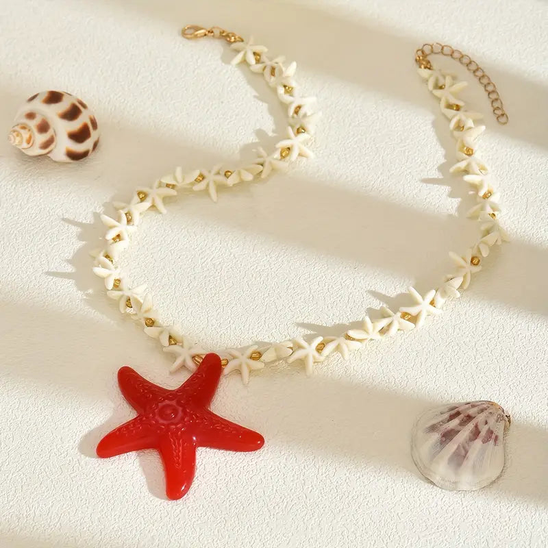 Collar Cuencas Estrellas de Mar Blanca Dije Estrella Mar Roja
